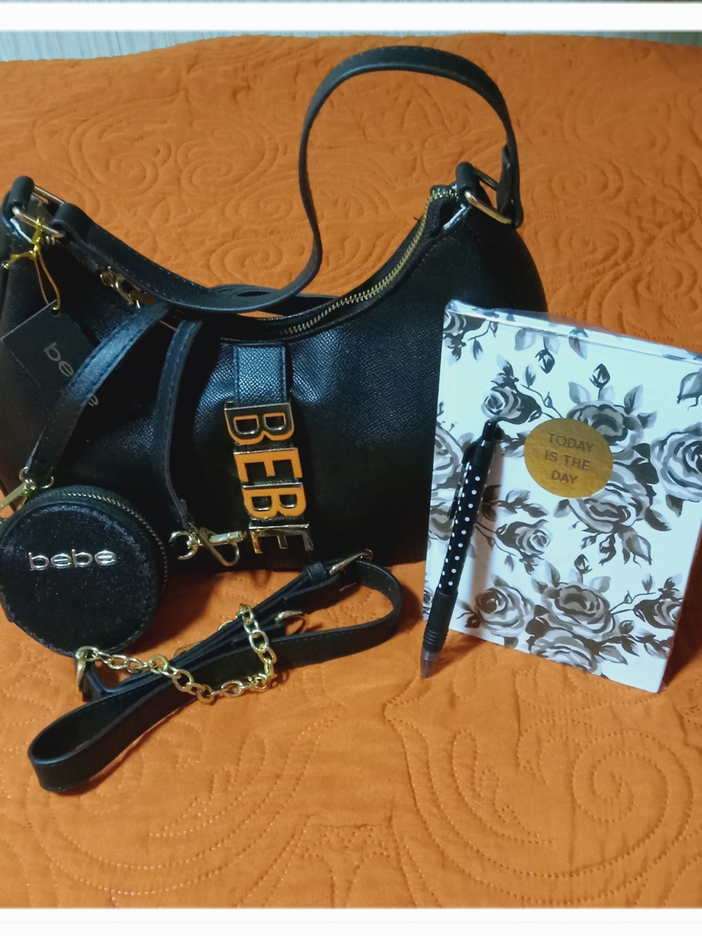 bebe Black Shoulder Bag with Gold Logo Charm and Coin Pouch